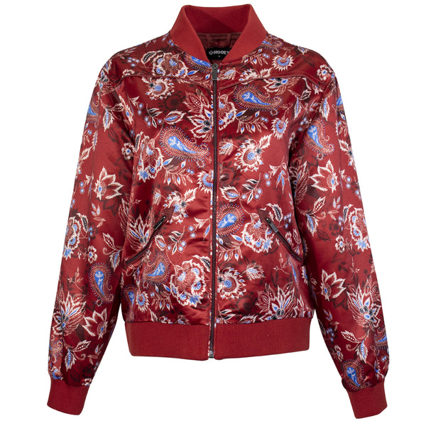 front of red floral print bomber jacket