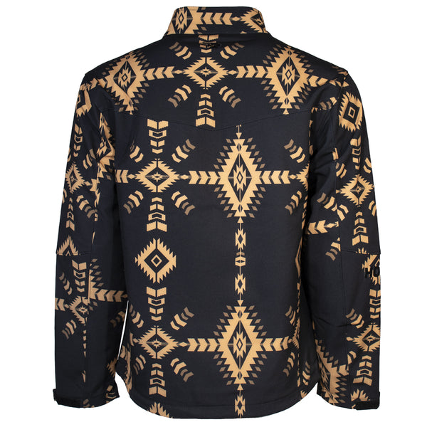 navy and tan Aztec pattern zipper jacket, back view