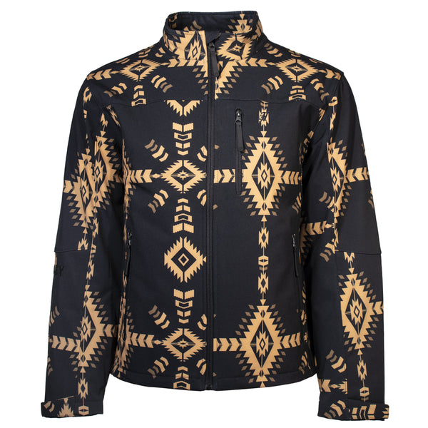 navy and tan Aztec pattern zipper jacket, front view