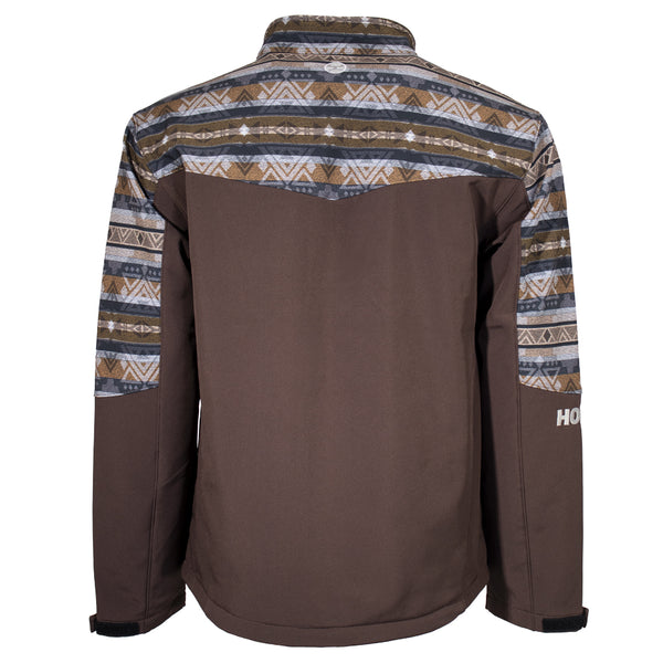 brown jacket with grey, white, and  brown multi pattern on collar, shoulder, and sleeves