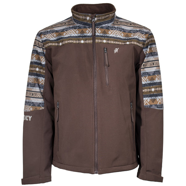 brown jacket with grey, brown, and white multi pattern on collar, sleeves, shoulders front view