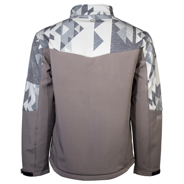 back of grey jacket with grey and white Aztec pattern on collar and sleeves