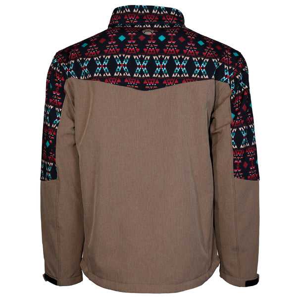 back of tan jacket with black, red, blue, white multi pattern on sleeves, shoulders, and collar