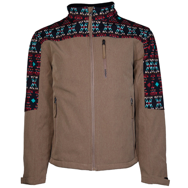 front of brown jacket with black, blue, red, white multi pattern
