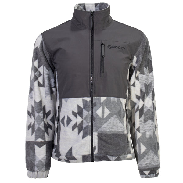 front of grey and white aztec jacket with grey water resistant patch on chest and collar