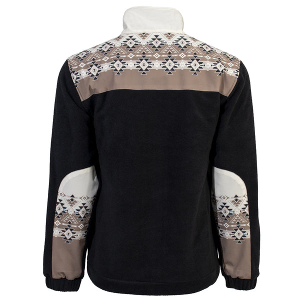 back of black jacket with tan and white aztec pattern on sleeves and collar
