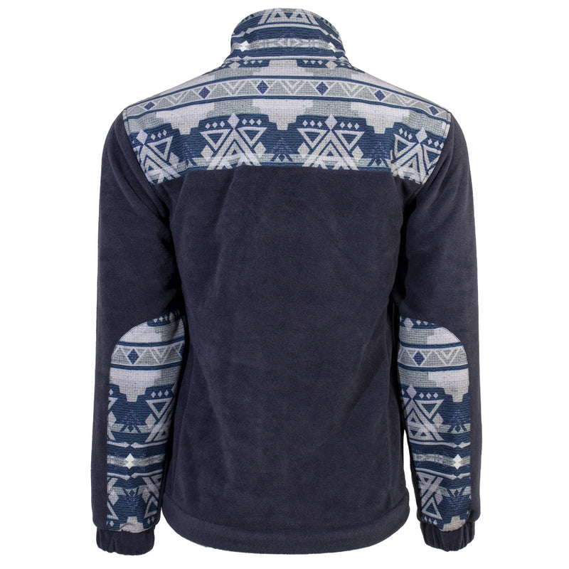 navy, fleece pullover with aztec pattern on lower sleeves and collar back