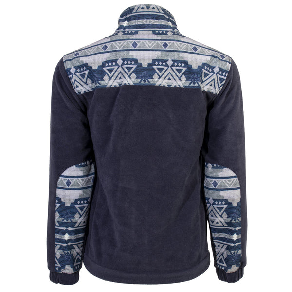 navy, fleece pullover with aztec pattern on lower sleeves and collar 