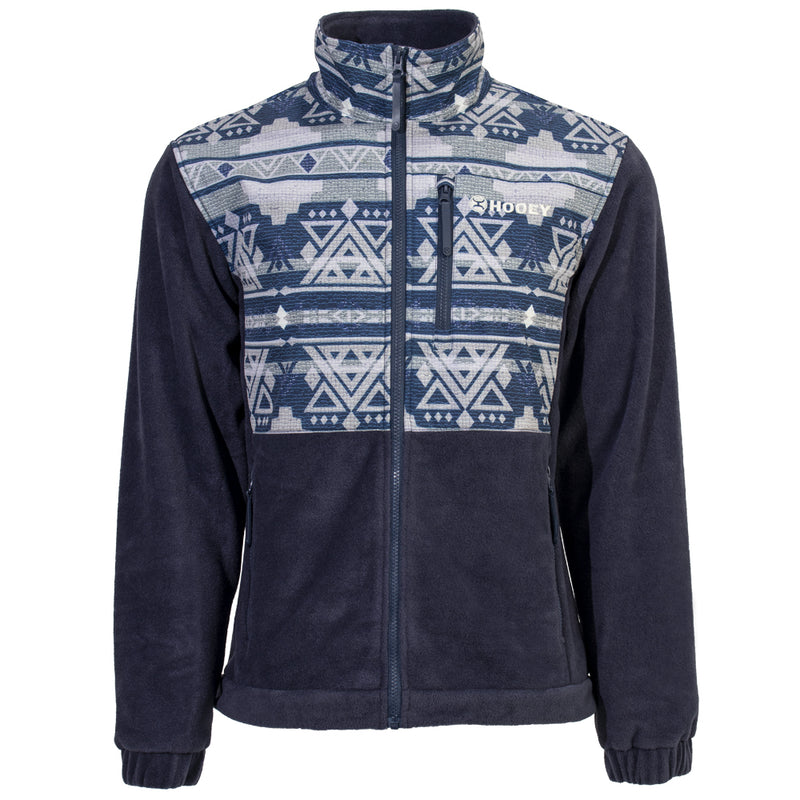 front navy, fleece pullover with aztec pattern on lower sleeves and collar 