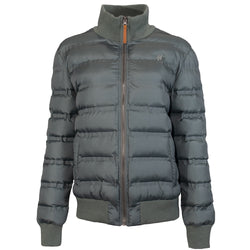 front of green puffer jacket