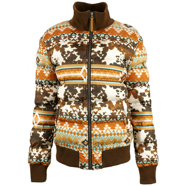 front of rust, mustard, orange, brown and white Aztec/cow print puffer jacket