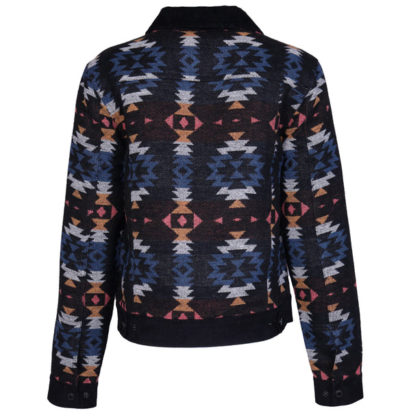 back of black, pink, orange, white, blue, Aztec pattern jacket