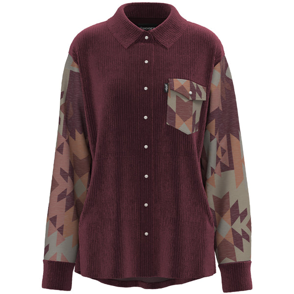 front of corduroy shacket in burgundy with grey and burgundy aztec pattern on sleeves and collar and pocket