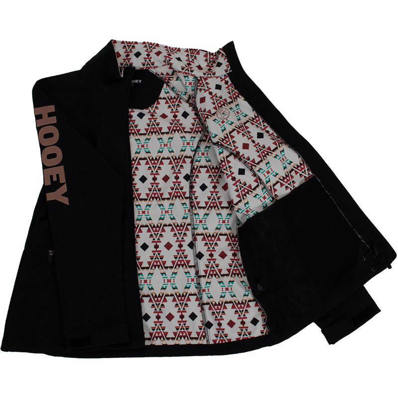 black hooey jacket with white, teal, red aztec print lining