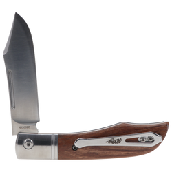 front of brown wood grain flipper knife with clip