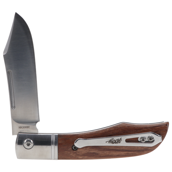 front of brown wood grain flipper knife with clip