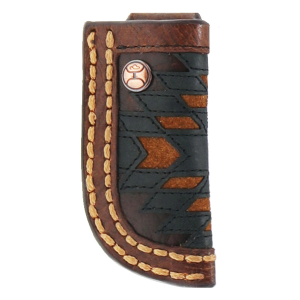 medium brown leather, black and redish brown embossed aztec pattern with tan stitching
