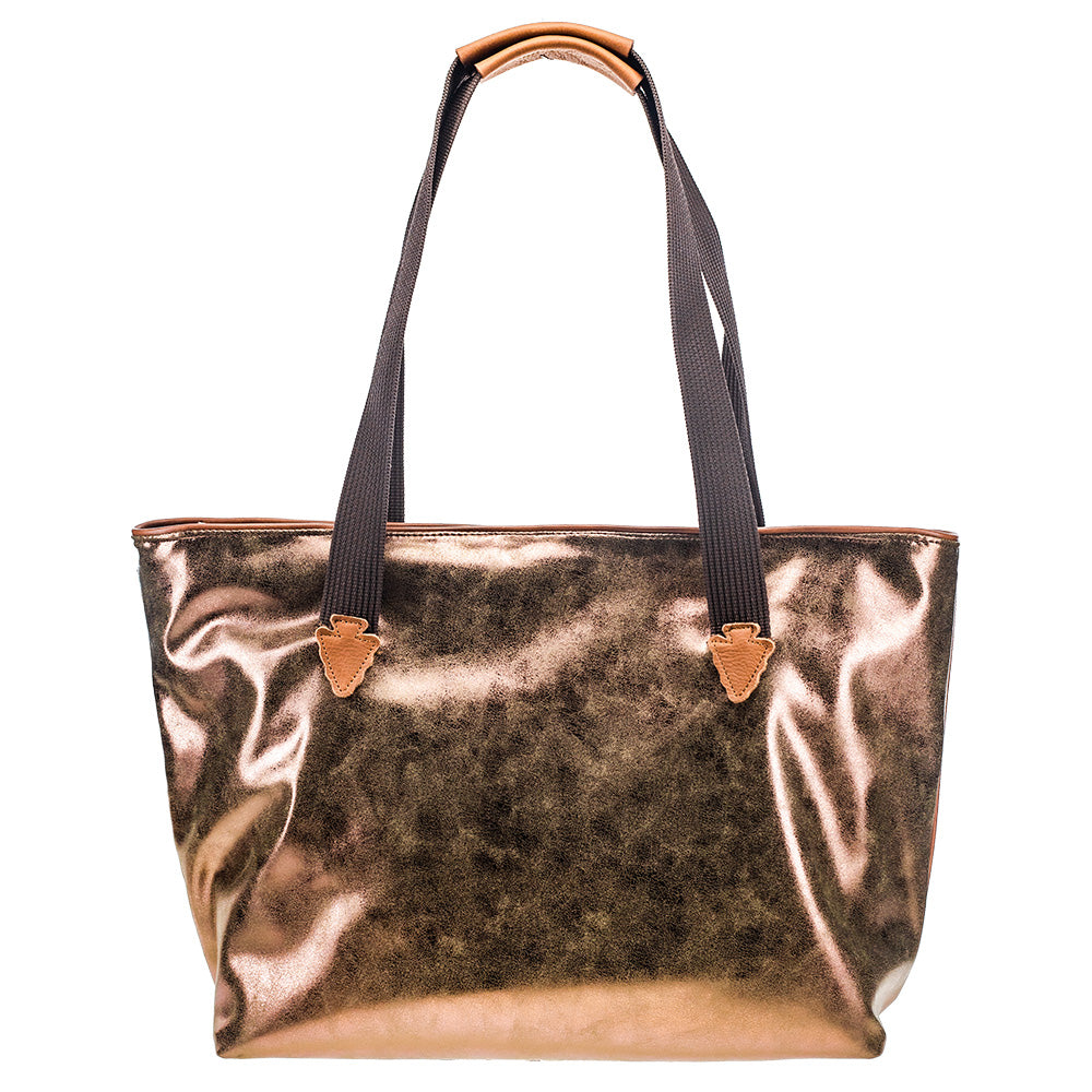 back of turquoise, brown, white Aztec pattern xl tote featuring metallic gold back panel