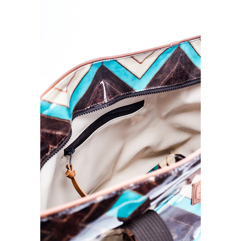 inside peek of the turquoise, white, brown Aztec pattern XL tote 