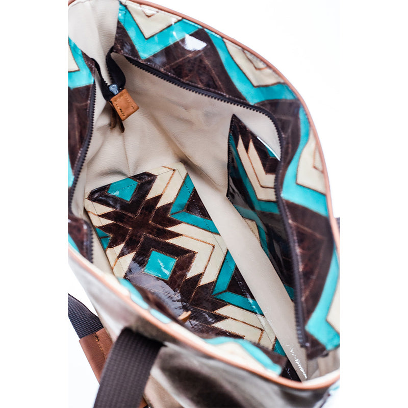 peek at the interior of turquoise, white, brown Aztec pattern xl tote bag