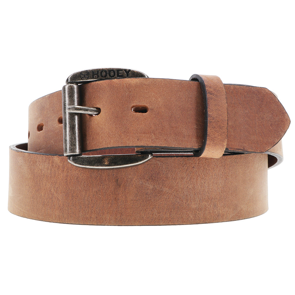 medium tan leather belt with silver buckle