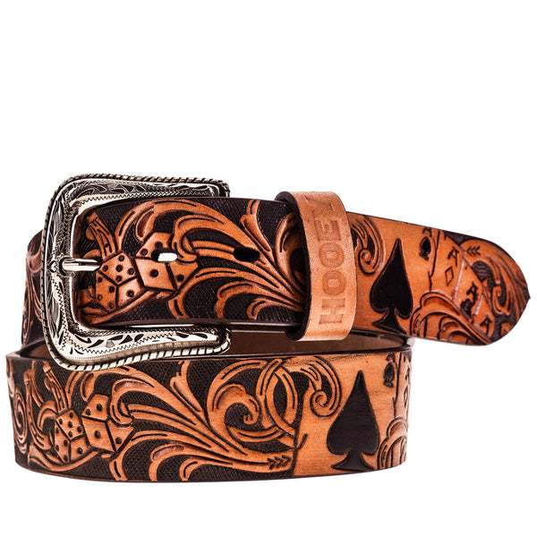 front of tooled leather belt with dice and ace of spades details and silver buckle