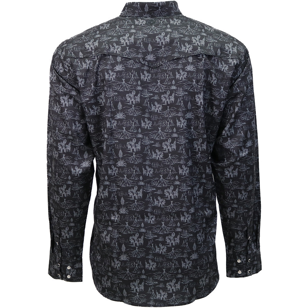 "Sol" Black & Grey Comanche Patterned Long Sleeve Pearl Snap Shirt