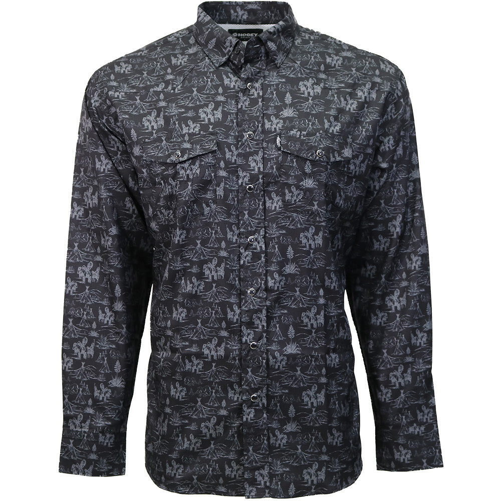 "Sol" Black & Grey Comanche Patterned Long Sleeve Pearl Snap Shirt