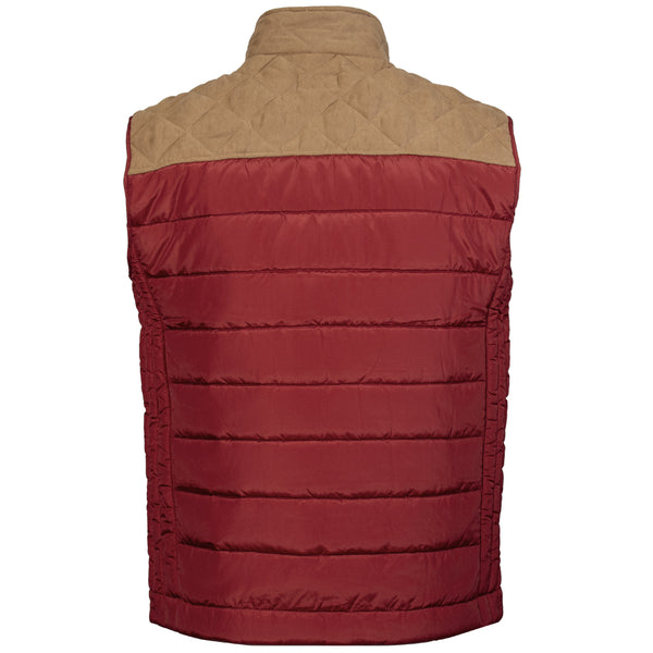back of red and tan packable puffer vest