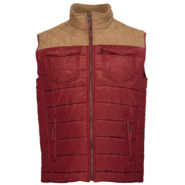 font of red and tan puffer vest