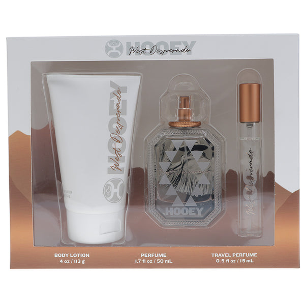 Hooey x West Desperado perfume gift set with full size perfume, lotion, and travel sized perfume