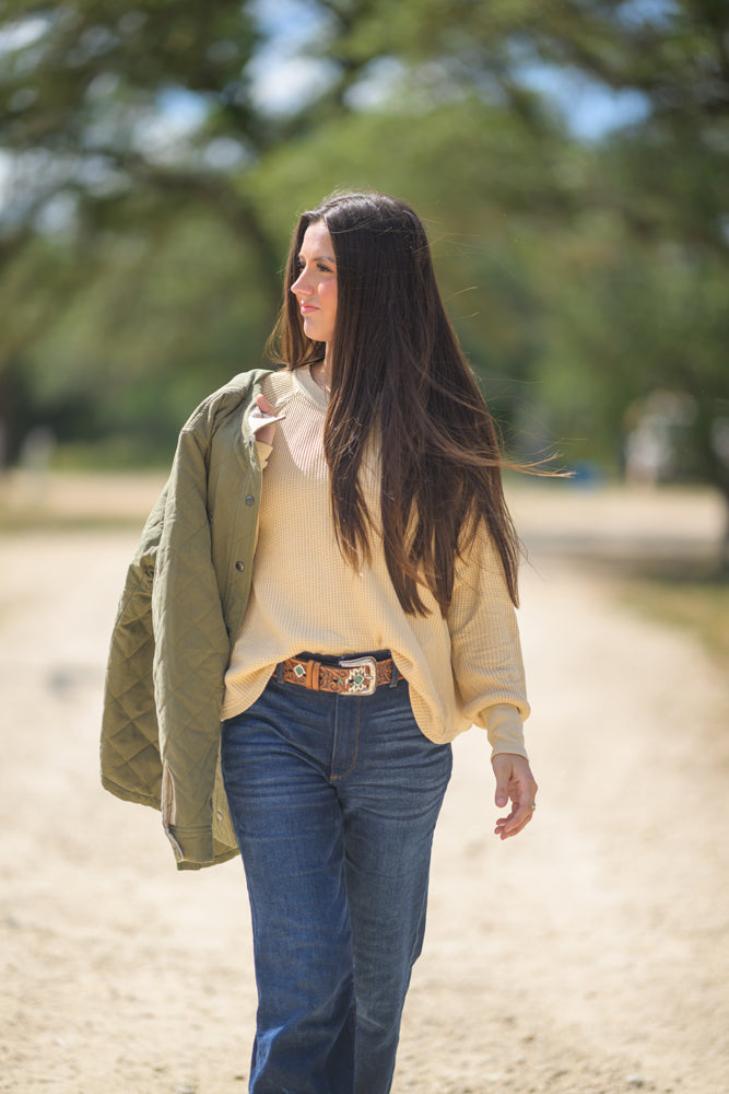 "Juniper" Ladies Henley Tan Long Sleeve Thermal Shirt