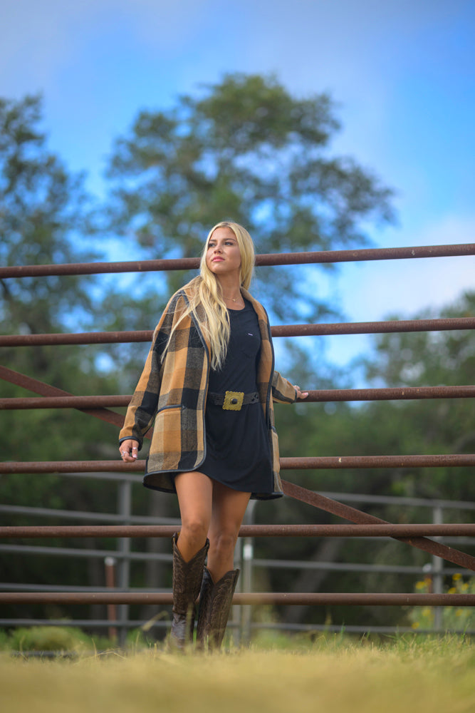 "Tulia" Wrap Jacket Duster Brown & Black Plaid