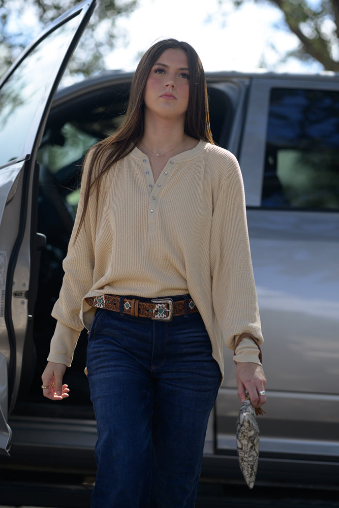 "Juniper" Ladies Henley Tan Long Sleeve Thermal Shirt