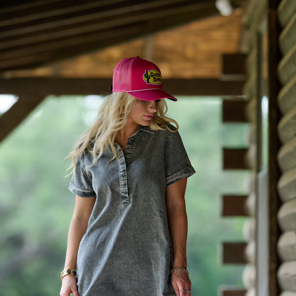 "CR112" Cactus Ropes Hat Pink w/ Yellow/Black Oval Patch