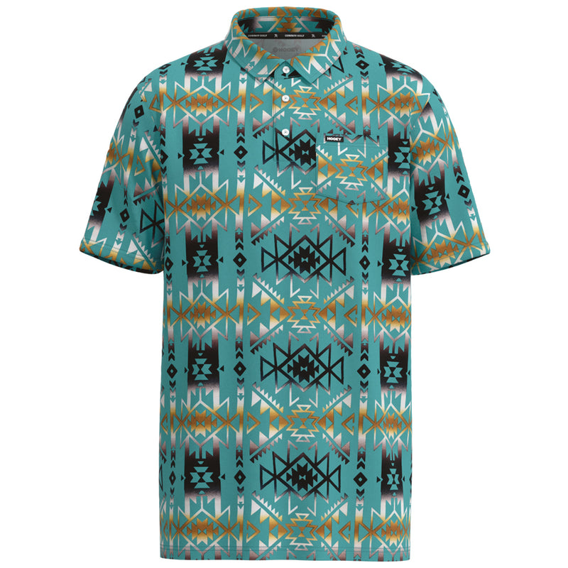 Turquoise hooey golf polo with black, white, gold, Aztec pattern all over