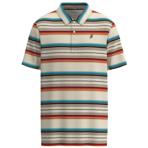 cream, hooey, golf polo, with orange, red, blue, black striped pattern and small H logo