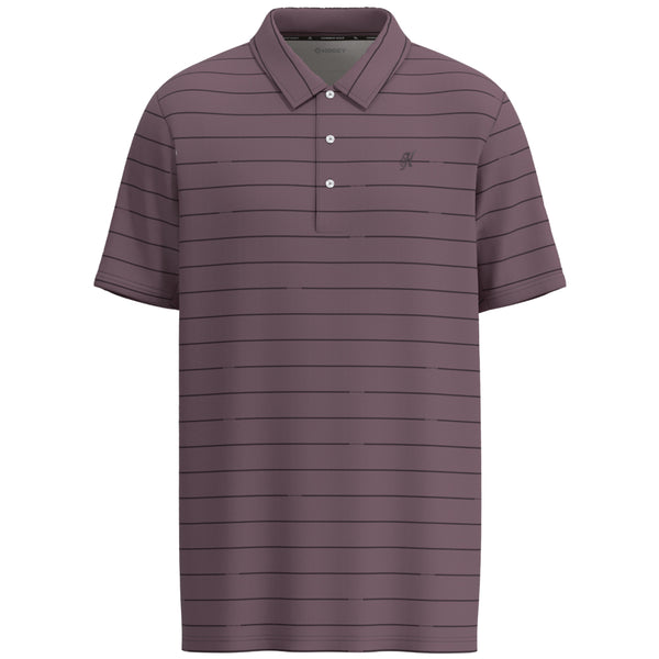 purple, hooey, golf polo, with darker purple stripes and small H logo