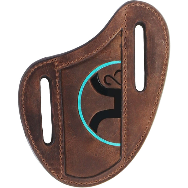 dark brown leather with black and teal Hooey logo knife sheath