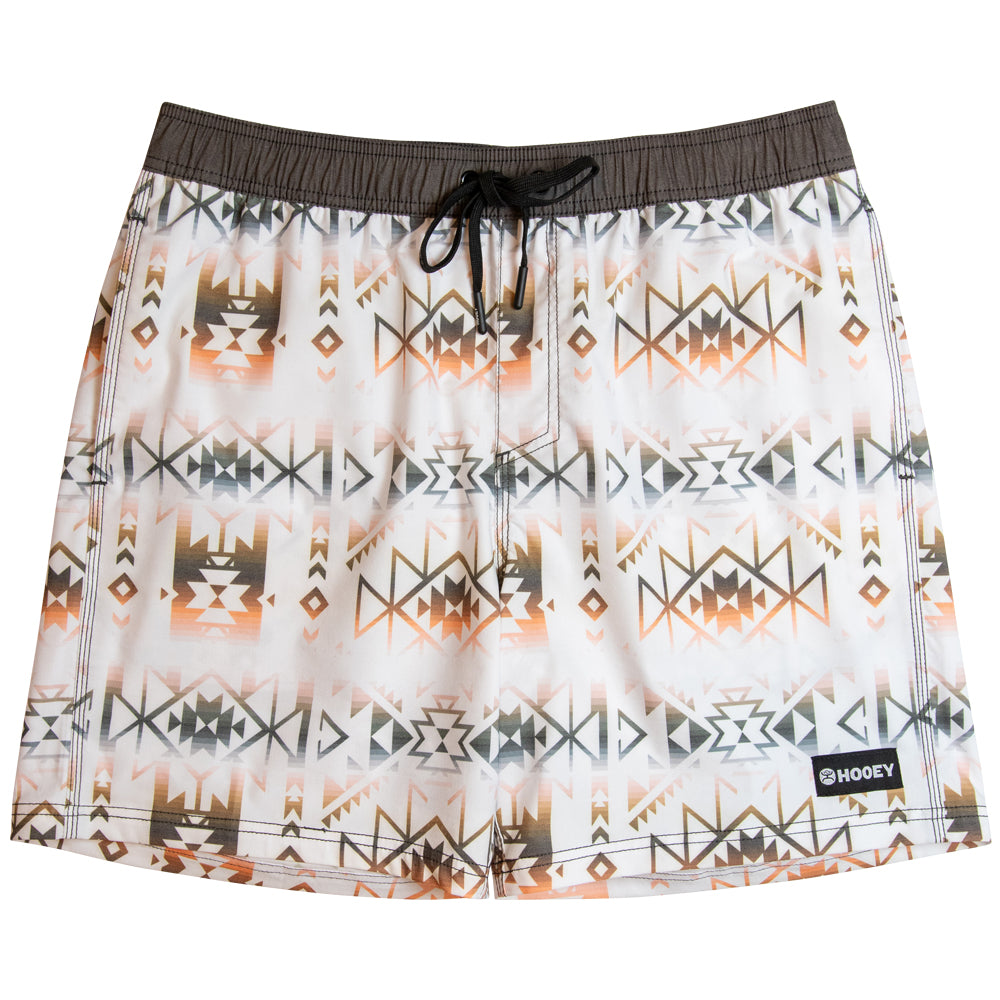 white white orange, grey, and and brown Aztec pattern board shorts