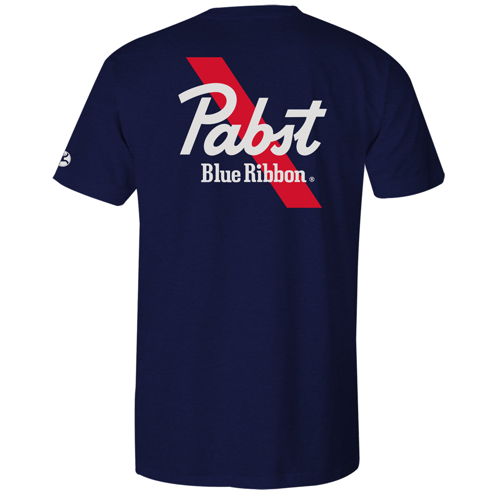 Pabst Blue Ribbon Logo Navy Colorway Front and Back Print T-Shirt, image size:1000x1000
