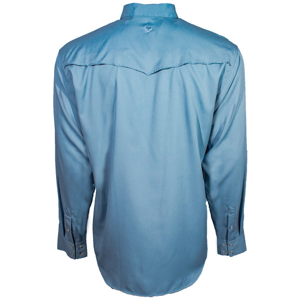 back of men's light blue sol shirt with long sleeves