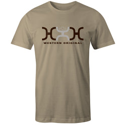 Loop tee in tan with brown and white logo block