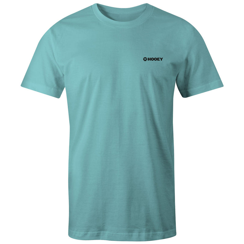 the front of a blue t-shirt with a black HOOEY logo on the collar