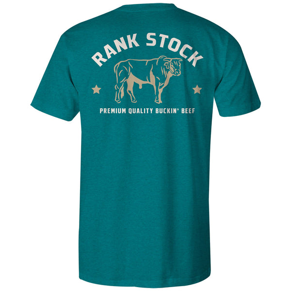 back of turquoise, rank stock, tee with tan and white Rank Stock logo artwork across the center of the back