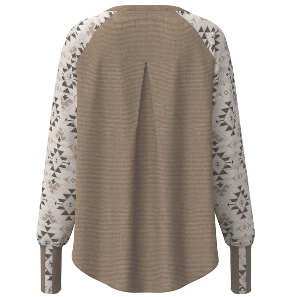 back of the tan with white and grey aztec sleeve pattern henley