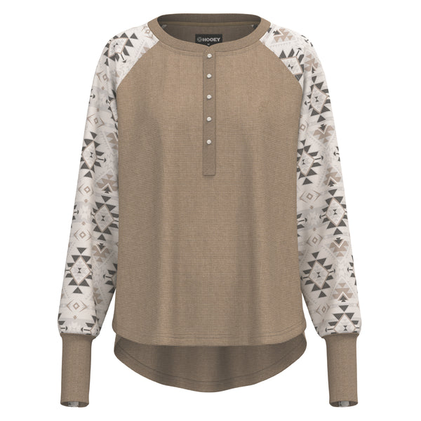 front of the tan with white and grey aztec sleeve pattern henley