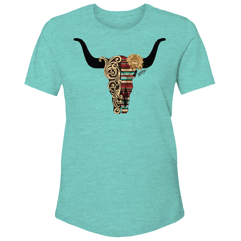 Yuma turquoise heather tee with tan floral and serape skull
