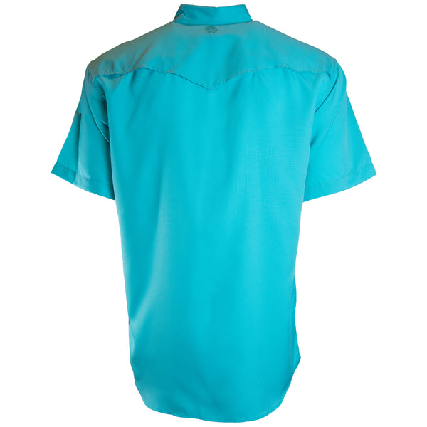 back of men's light blue sol shirt with short sleeves
