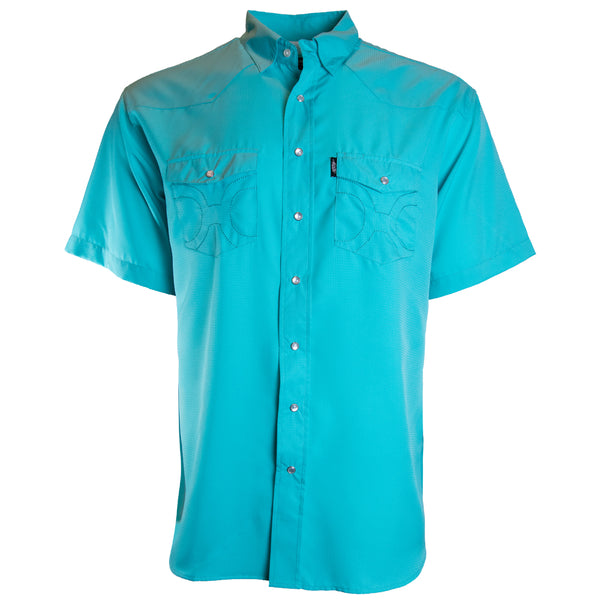 front of men's sol shirt in light blue with short sleeves